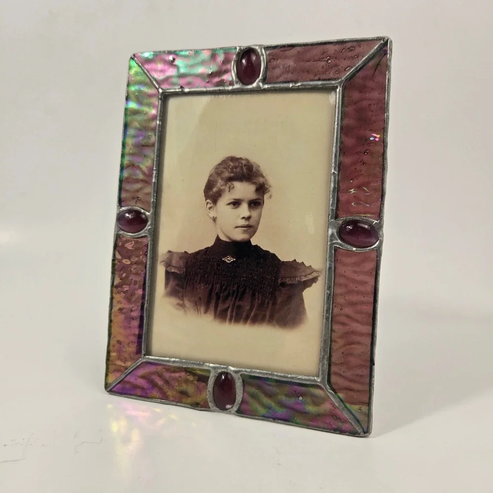 Vintage Iridescent Stained Glass Picture Frame with Burgundy Cabochons 5x7